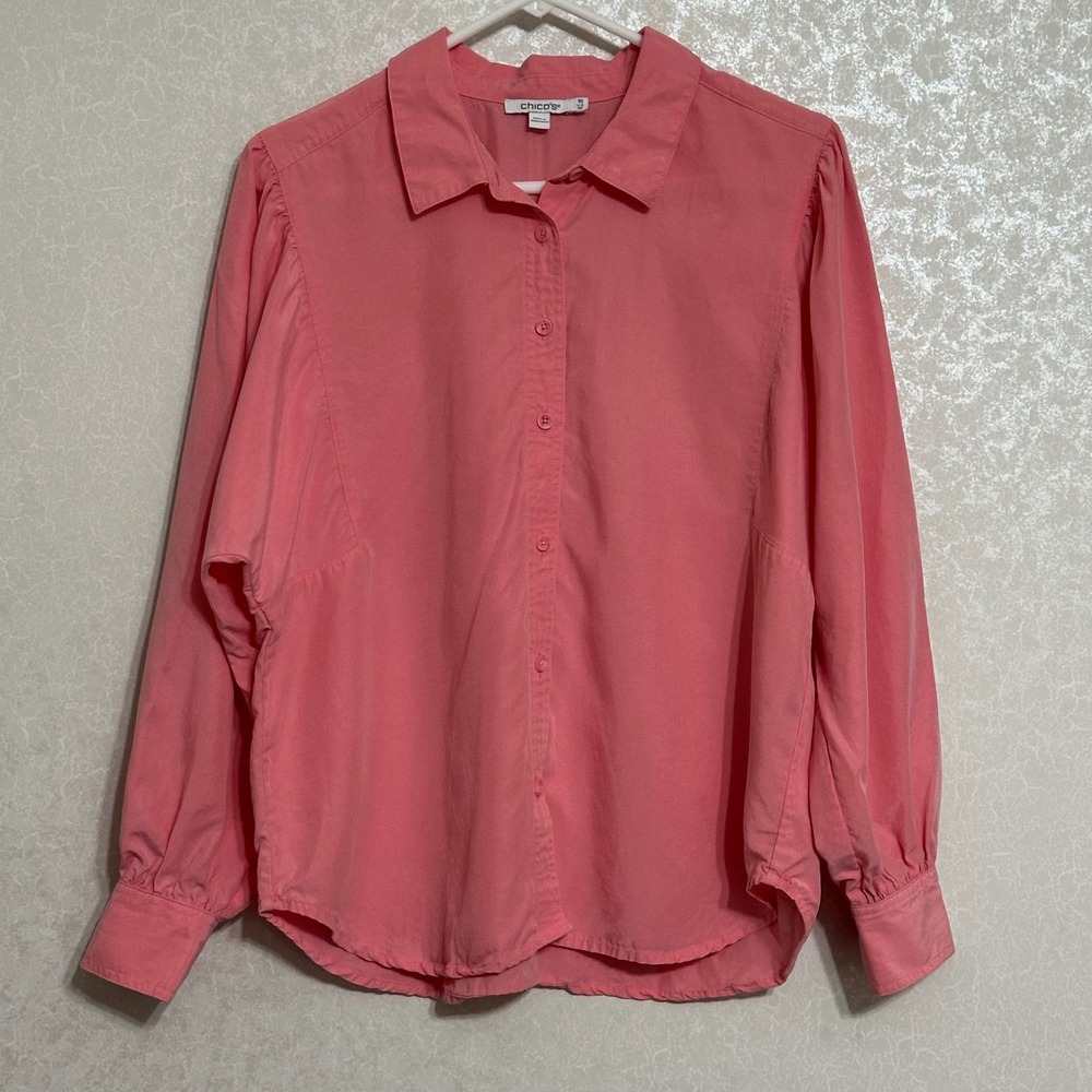 Chico's Tencel Lyocell Linen Puff Sleeve Button Down Shirt‎ Pink Minimalist 8R M